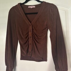 Macy’s Brown Ruched Button-Up Blouse